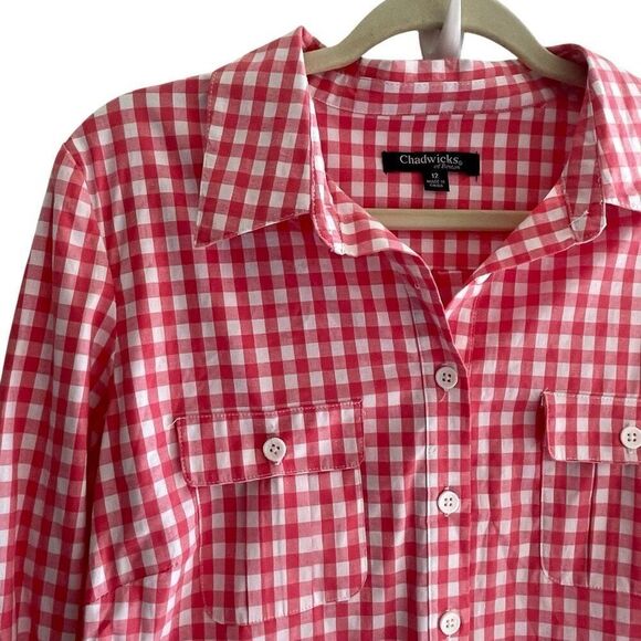 Chadwick’s Of Boston Pink Gingham Plaid Shirt Dress Long Sleeve Size 12 Large - Picture 2 of 5